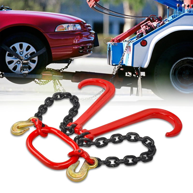 TBAPFS 3/8" Grade 80 V-Type Transport Tow Chain w/15 J-Hooks 2Ft Long Shank Legs for Flatbed Truck Tie Trailer Tractor Car Wrecker Tow Chain,7100Lbs Work Load Limit,G80 Steel Towing Bridle,Black+Red - Image 3
