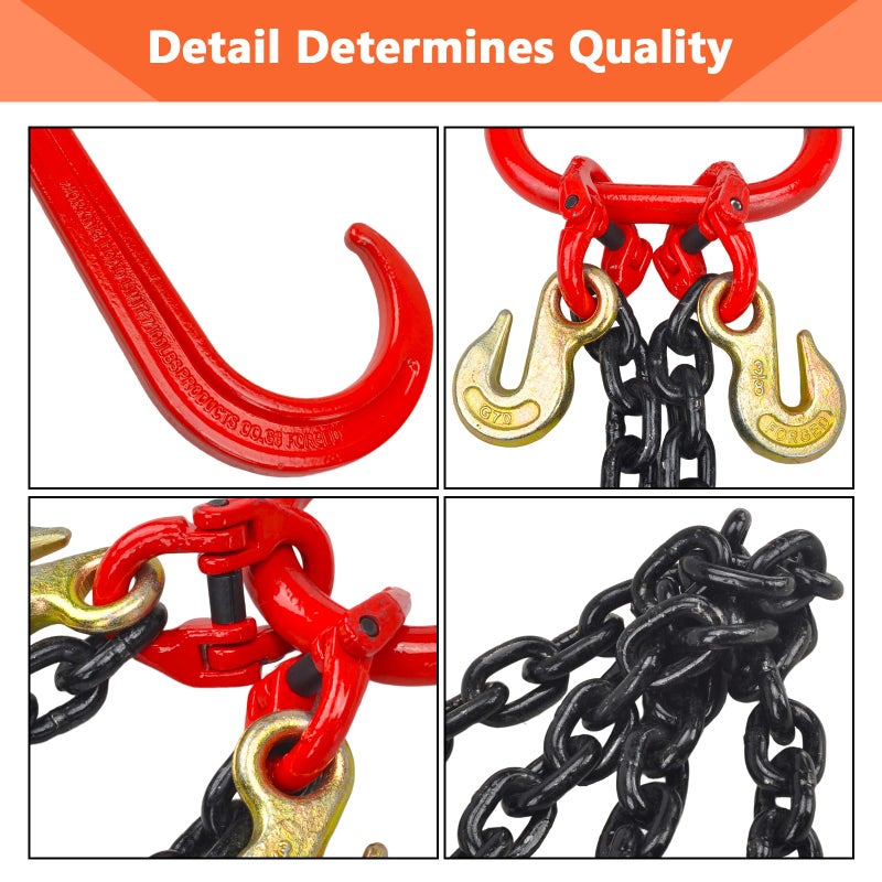 TBAPFS 3/8" Grade 80 V-Type Transport Tow Chain w/15 J-Hooks 2Ft Long Shank Legs for Flatbed Truck Tie Trailer Tractor Car Wrecker Tow Chain,7100Lbs Work Load Limit,G80 Steel Towing Bridle,Black+Red - Image 2