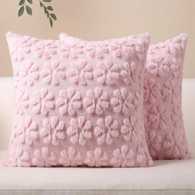 Softalker Spring Decorative Throw Pillow Covers 18 x 18 Inch Set of 2, Farmhouse Summer Floral Daisy Soft Faux Fur Cushion Covers, 3D Pillow Cases for Couch Bedroom Living Sofa Room Home Decor, Pink - Image 1