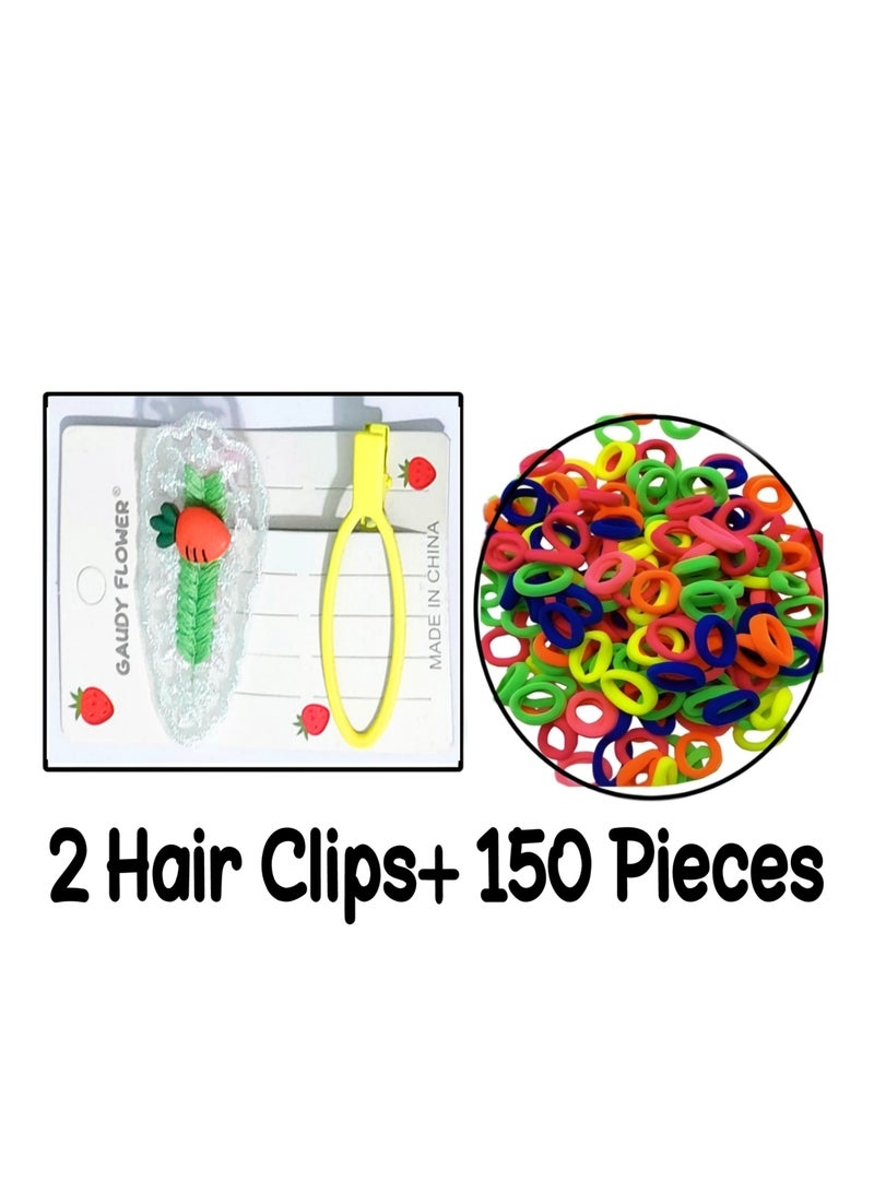Set of 150 Girly colorful elastic hair bobbles ties and 2 hair clips - Image 1