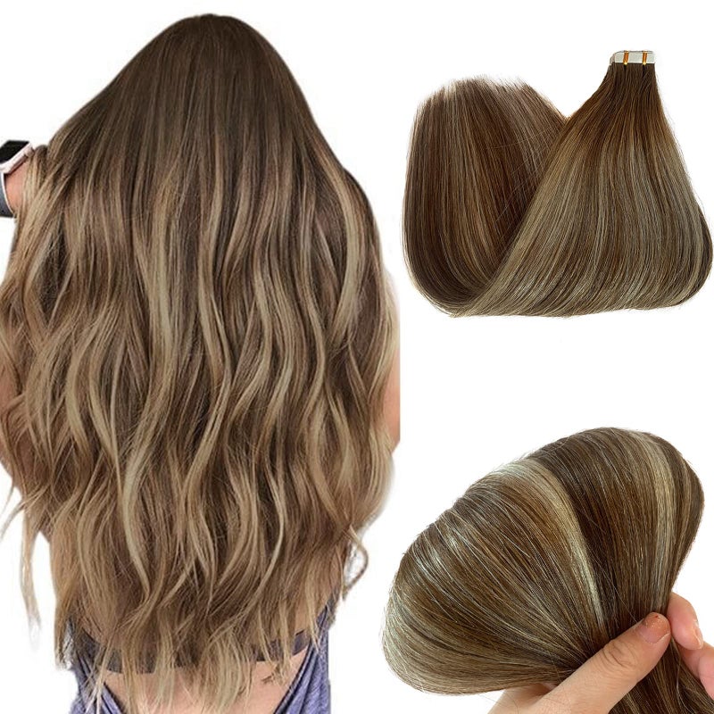 Tape in Hair Extensions Human Hair for White Women18Inch Ombre Balayage Hair Extensions Tape in Brown Roots Color 3 Fading to 8 Light Brown and 22 Caramel Blonde Highlighted Extensions Thick Hair