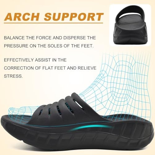 KuaiLu Mens Recovery Sandals Sport Comfortable Arch Support Athletic Cushion Walking Slides Orthopedic Plantar Fasciitis Open Toe Slip On Wide Width Summer Pool Beach Waterproof Slippers Black Size 12 - Image 3