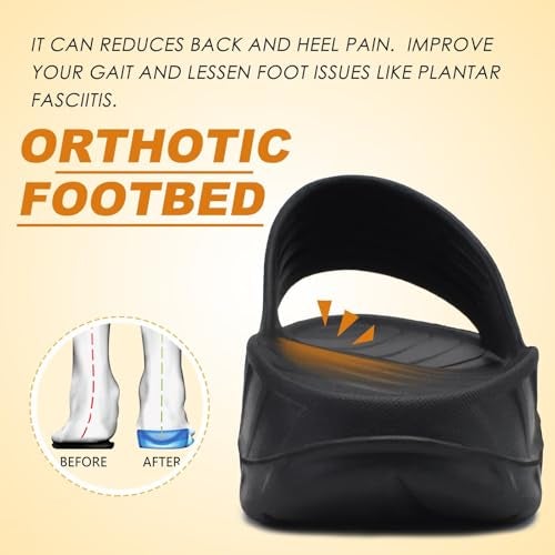 KuaiLu Mens Recovery Sandals Sport Comfortable Arch Support Athletic Cushion Walking Slides Orthopedic Plantar Fasciitis Open Toe Slip On Wide Width Summer Pool Beach Waterproof Slippers Black Size 12 - Image 5