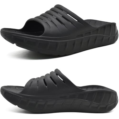 KuaiLu Mens Recovery Sandals Sport Comfortable Arch Support Athletic Cushion Walking Slides Orthopedic Plantar Fasciitis Open Toe Slip On Wide Width Summer Pool Beach Waterproof Slippers Black Size 12 - Image 1
