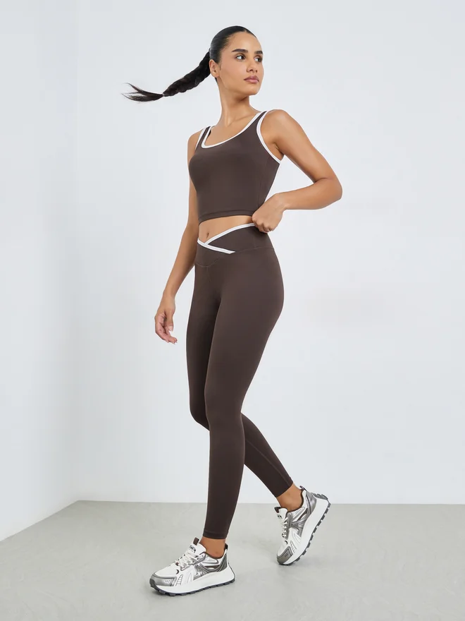 Styli Active Brown Contrast Edge Detail Longline Sports Bra and Overlap Waist Leggings Set