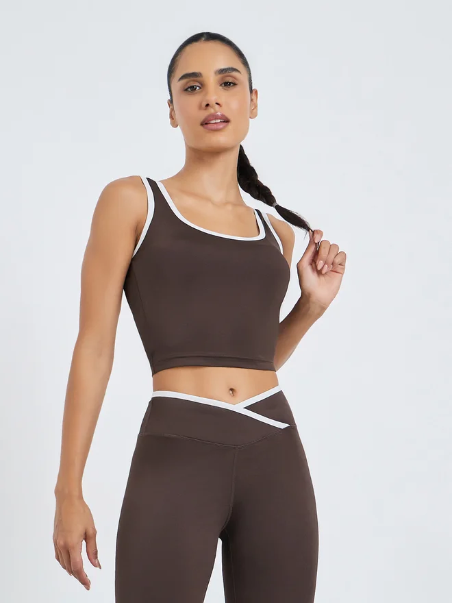 Styli Active Brown Contrast Edge Detail Longline Sports Bra and Overlap Waist Leggings Set
