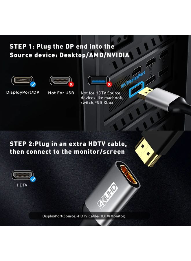 موصل DisplayPort أحادي الاتجاه باللون الرمادي إلى محول HDTV 4K UHD من ذكر إلى أنثى مطلي بالذهب يعمل بالطاقة عبر USB لأجهزة Lenovo Dell HP - Image 4