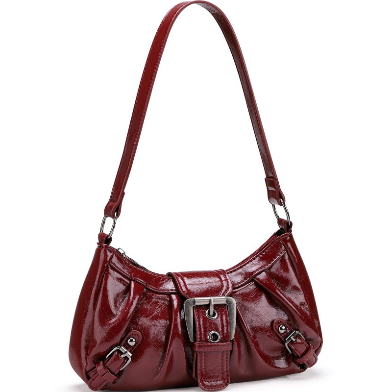 WantGor Women's Shoulder Bag Clutch Tote Bags Top Handle Purse Zipper Vintage Handbag Buckle Punk Hobo Purses Trendy Underarm Bag (Burgundy) - Image 1