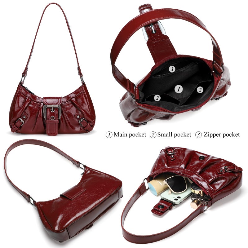 WantGor Women's Shoulder Bag Clutch Tote Bags Top Handle Purse Zipper Vintage Handbag Buckle Punk Hobo Purses Trendy Underarm Bag (Burgundy) - Image 5