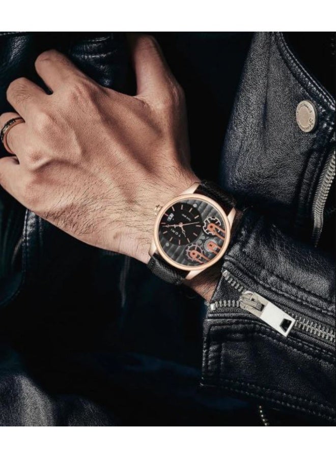 TOMI Face Gear Men’s Rose Gold Watch – Black Gear Dial, Leather Strap, Quartz Movement, Gift Set with Extra Strap - Image 2