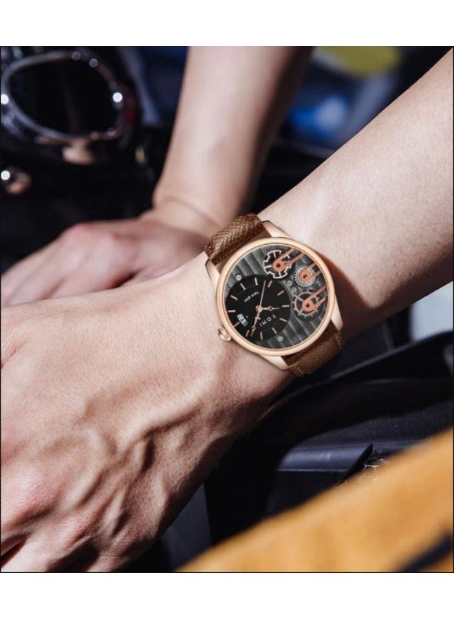 TOMI Face Gear Men’s Rose Gold Watch – Black Gear Dial, Leather Strap, Quartz Movement, Gift Set with Extra Strap - Image 1
