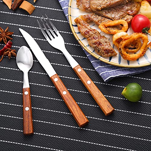 HAPPY KIT Forks and Spoons Silverware Set, HAPPY KIT Wooden Handle Flatware Set 16-Piece (4 Sets) 18/8 Stainless Steel Cutlery Set Wooden Spoons Dinner Knife Dinner Fork and Spoon Set - Image 3