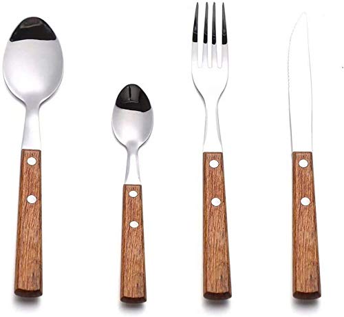 HAPPY KIT Forks and Spoons Silverware Set, HAPPY KIT Wooden Handle Flatware Set 16-Piece (4 Sets) 18/8 Stainless Steel Cutlery Set Wooden Spoons Dinner Knife Dinner Fork and Spoon Set - Image 1