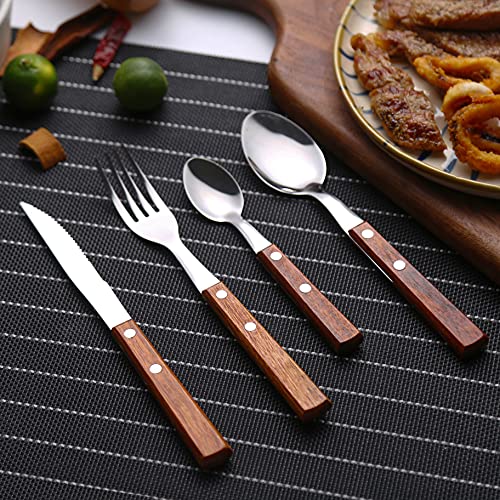 HAPPY KIT Forks and Spoons Silverware Set, HAPPY KIT Wooden Handle Flatware Set 16-Piece (4 Sets) 18/8 Stainless Steel Cutlery Set Wooden Spoons Dinner Knife Dinner Fork and Spoon Set - Image 2
