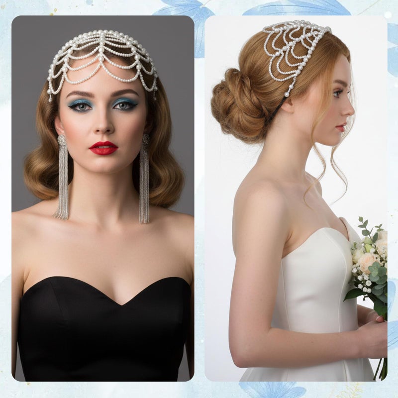 Neyauo 1920s Pearl Headpiece White Pearl Cap Headpiece Roaring 20s Headbands for Women Pearls Beaded Cap Head Piece Head Chain Hair Accessories, for Wedding Bridal Cosplay Halloween Art Decor Party - Image 5