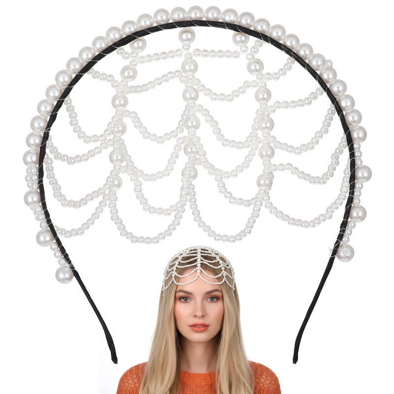 Neyauo 1920s Pearl Headpiece White Pearl Cap Headpiece Roaring 20s Headbands for Women Pearls Beaded Cap Head Piece Head Chain Hair Accessories, for Wedding Bridal Cosplay Halloween Art Decor Party - Image 1