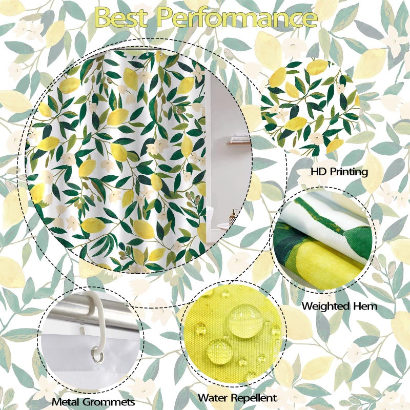 Lifeel Lemon Shower Curtain, Allover Fruits Green Leaves Plant Design Waterproof Fabric Bathroom Curtains Set with 12 Hooks, Green Yellow 72×72 inch - Image 4