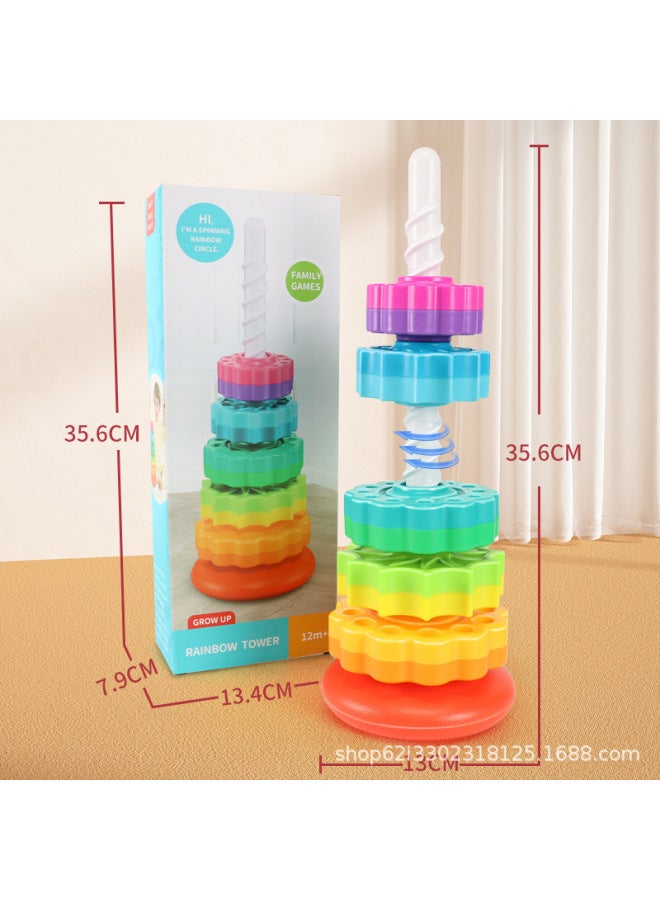 Hot Baby Rainbow Rotating Tower Toy Turving Music Stacking Music Early Education Educational Development Intelligence Ring-Color:[31403 Rainbow Tower 5-layer Wheel]  - Image 1