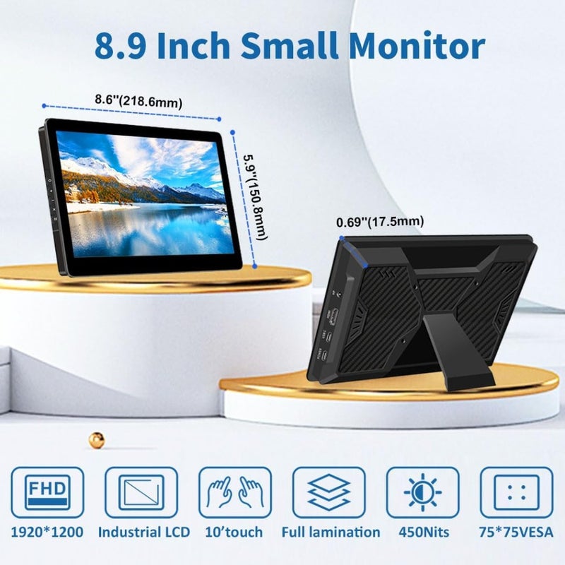 8.9 Inch Portable Monitor Touchscreen With Stand 1920 x 1200 Resolution 16:10 Aspect Ratio 450 Nits Brightness Optical Bonding HDMI and USB-C Connectivity For Raspberry Pi Mini PC Laptop Mac - Image 2