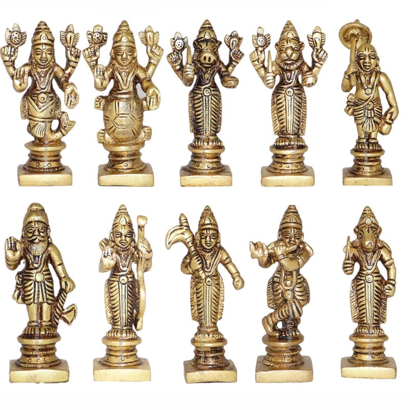 ARKAM Brass Vishnu Dashavatar MurtiDash Avatar IdolPital Das Avatar Statue Set of 10 Antique Brass for HomeTempleOffice Height 9 cm Weight 1250 GMS - Image 1