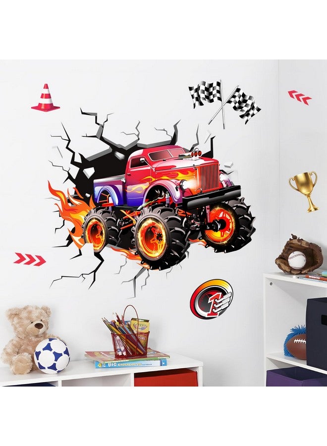 Supzone 3D Racing Car Wall Decals for Boys Room, Fast Racing Truck Break Through The Wall Vinyl Wall Sticker for Kids Room Nursery Playroom Classroom - Image 1