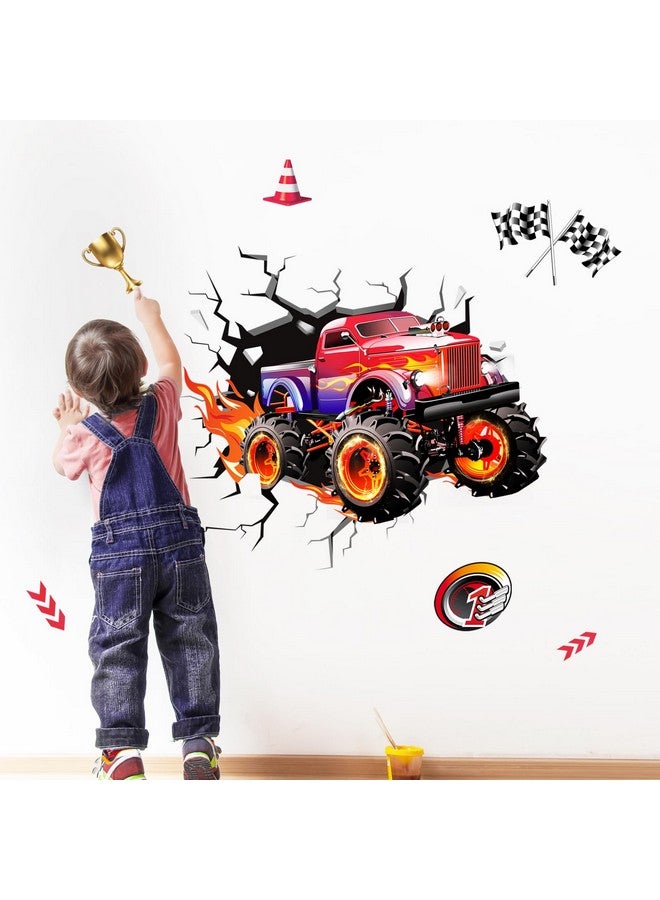 Supzone 3D Racing Car Wall Decals for Boys Room, Fast Racing Truck Break Through The Wall Vinyl Wall Sticker for Kids Room Nursery Playroom Classroom - Image 2