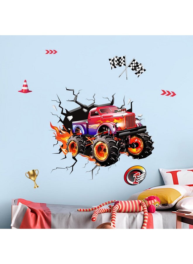 Supzone 3D Racing Car Wall Decals for Boys Room, Fast Racing Truck Break Through The Wall Vinyl Wall Sticker for Kids Room Nursery Playroom Classroom - Image 5