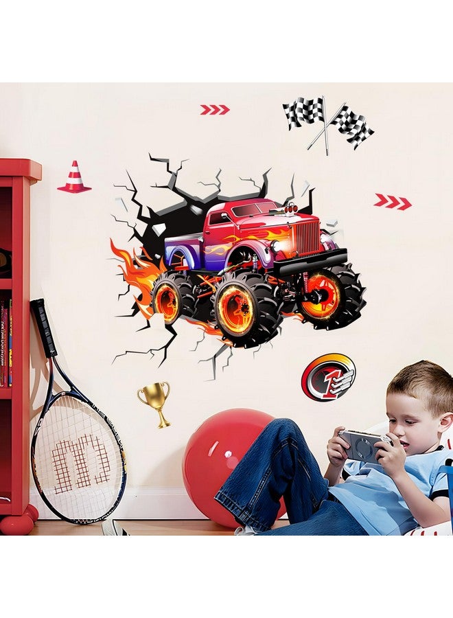 Supzone 3D Racing Car Wall Decals for Boys Room, Fast Racing Truck Break Through The Wall Vinyl Wall Sticker for Kids Room Nursery Playroom Classroom - Image 4