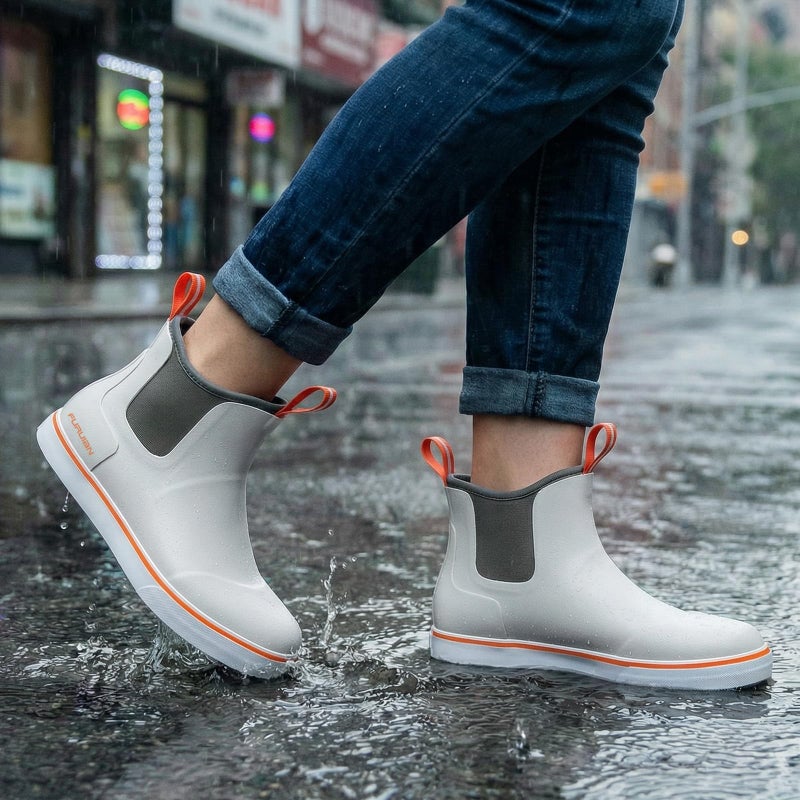 Furuian Women's Deck Boots Ankle Rain Boots Fishing Boots Rubber Waterproof Garden Shoes Slip-Resistant Outdoor Work Shoes, Grey, Size 9 - Image 2