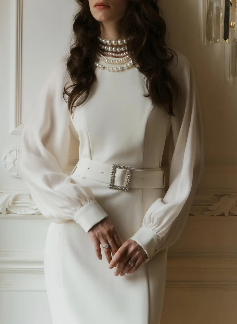 Lichi Midi dress with semi-transparent sleeves and matching belt