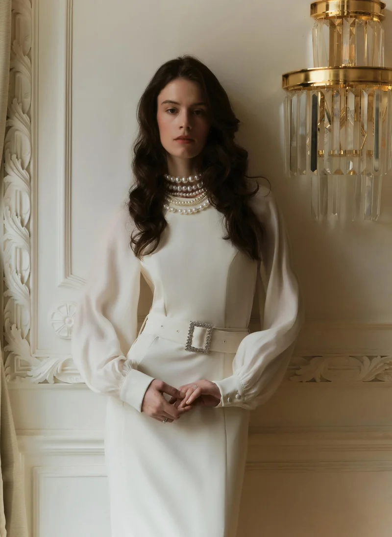 Lichi Midi dress with semi-transparent sleeves and matching belt