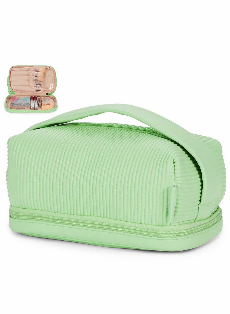 Excefore Travel Makeup Bag, Cosmetic Bag Make Up Organizer Case, Large Wide-open Pouch for Women Purse Toiletries Accessories Brushes (Green) - Image 1