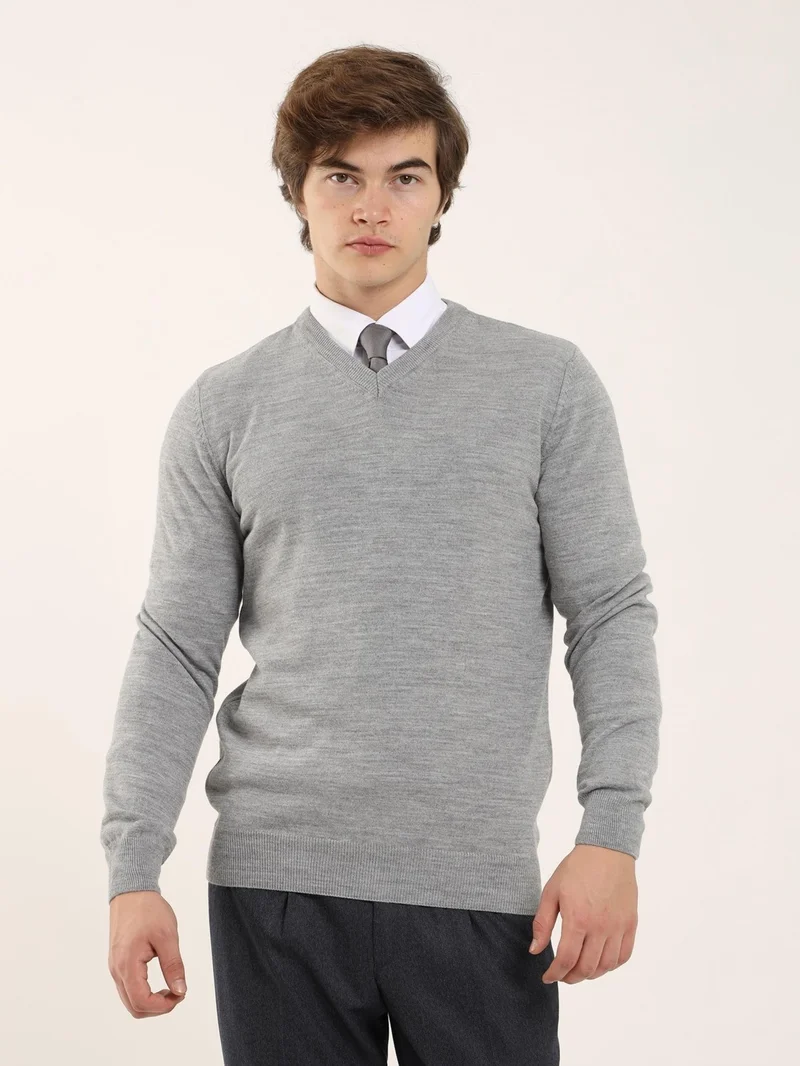 Dufy Gray Melange Men's Slim Fit V-Neck Knitwear