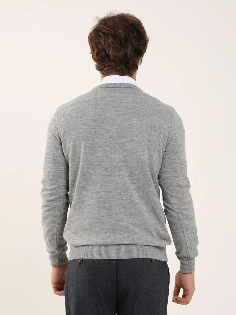 Dufy Gray Melange Men's Slim Fit V-Neck Knitwear