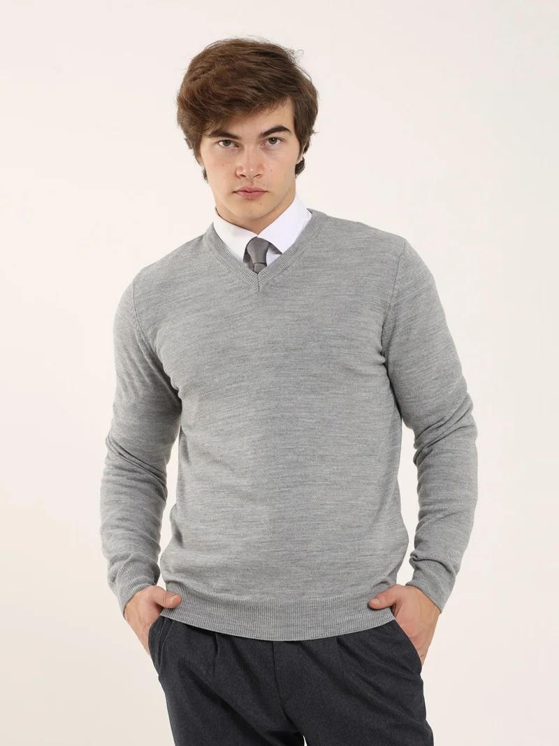 Dufy Gray Melange Men's Slim Fit V-Neck Knitwear