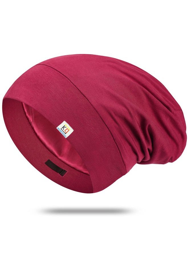 KONPAYDE - Satin Bonnet Sleep Cap Hair Cover Bonnet Satin Lined Slouchy Beanie Night Sleeping Hat - Adjustable for Curly Hair Wine Red - Image 1