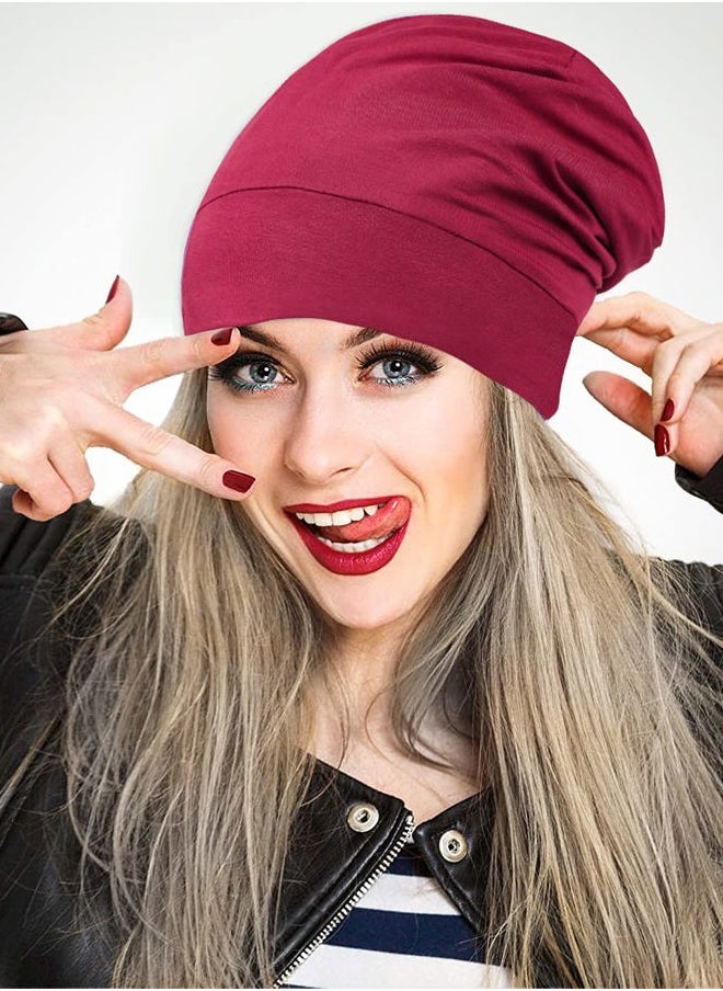 KONPAYDE - Satin Bonnet Sleep Cap Hair Cover Bonnet Satin Lined Slouchy Beanie Night Sleeping Hat - Adjustable for Curly Hair Wine Red - Image 1