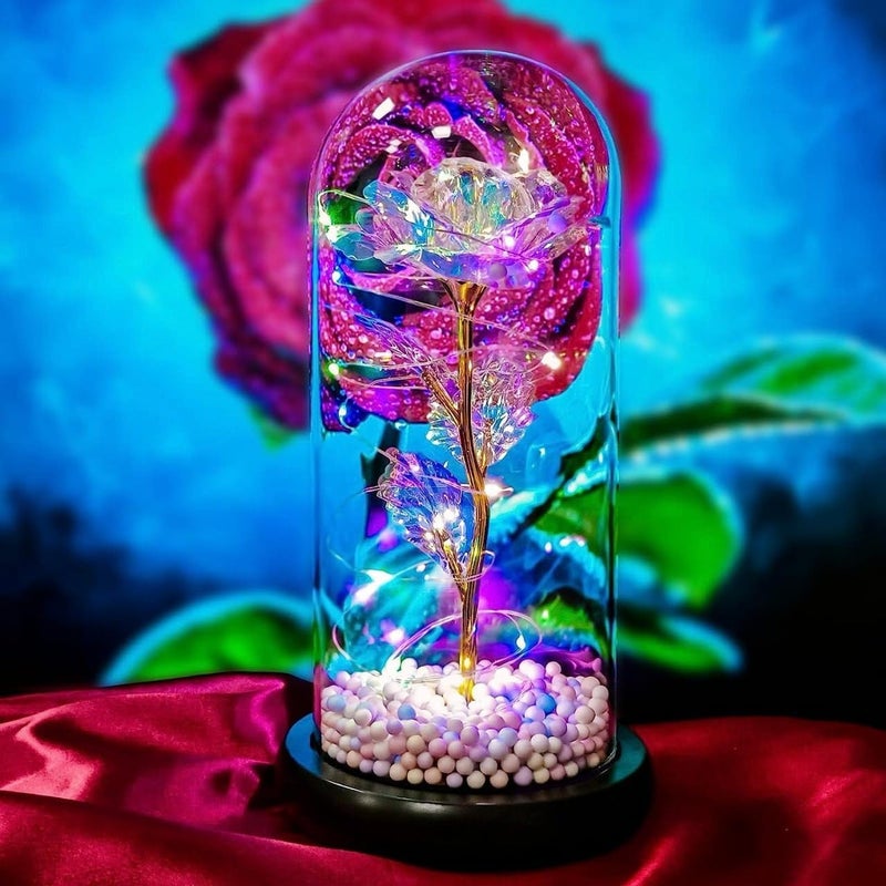 CHIRANSI Artificial Colorful Flower Rose Gift Led Light On Galaxy Rose in Glass Dome Best Gifts for Mother Women Valentines Day Wedding Anniversary and BirthdayMulticolor Flower Rose Beans - Image 2