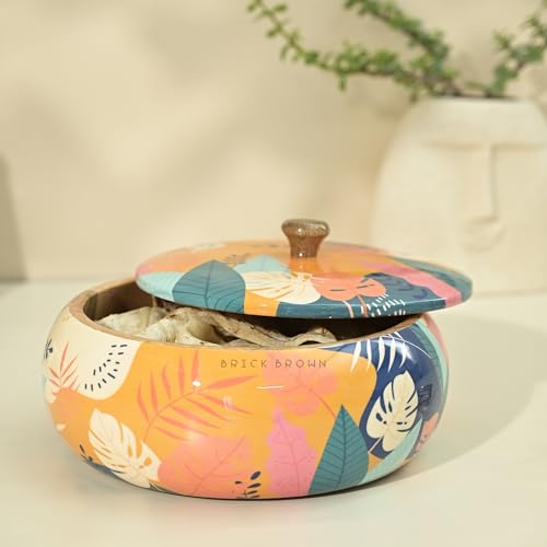 Brick Brown Premium Handcrafted Solid Wood Tropical Casserole For Roti | Round Hot Pot, Roti Dabba With Lid | Casserole For Dininga Nd Kitchen 8.8X8.8X4.3Inch, Orange, 1640 ML - Image 4