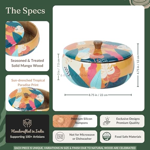 Brick Brown Premium Handcrafted Solid Wood Tropical Casserole For Roti | Round Hot Pot, Roti Dabba With Lid | Casserole For Dininga Nd Kitchen 8.8X8.8X4.3Inch, Orange, 1640 ML - Image 5