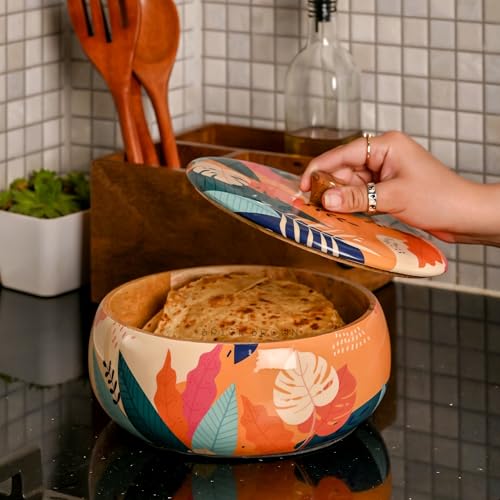 Brick Brown Premium Handcrafted Solid Wood Tropical Casserole For Roti | Round Hot Pot, Roti Dabba With Lid | Casserole For Dininga Nd Kitchen 8.8X8.8X4.3Inch, Orange, 1640 ML - Image 3