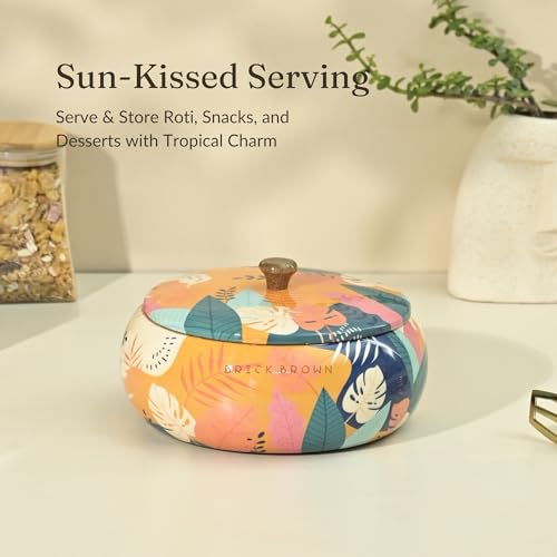 Brick Brown Premium Handcrafted Solid Wood Tropical Casserole For Roti | Round Hot Pot, Roti Dabba With Lid | Casserole For Dininga Nd Kitchen 8.8X8.8X4.3Inch, Orange, 1640 ML - Image 2
