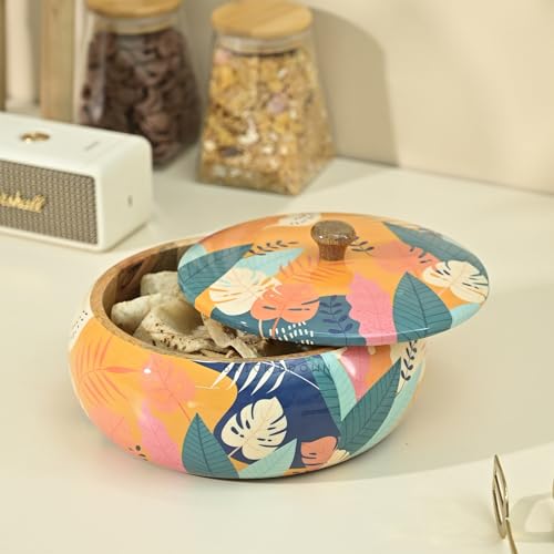 Brick Brown Premium Handcrafted Solid Wood Tropical Casserole For Roti | Round Hot Pot, Roti Dabba With Lid | Casserole For Dininga Nd Kitchen 8.8X8.8X4.3Inch, Orange, 1640 ML - Image 1