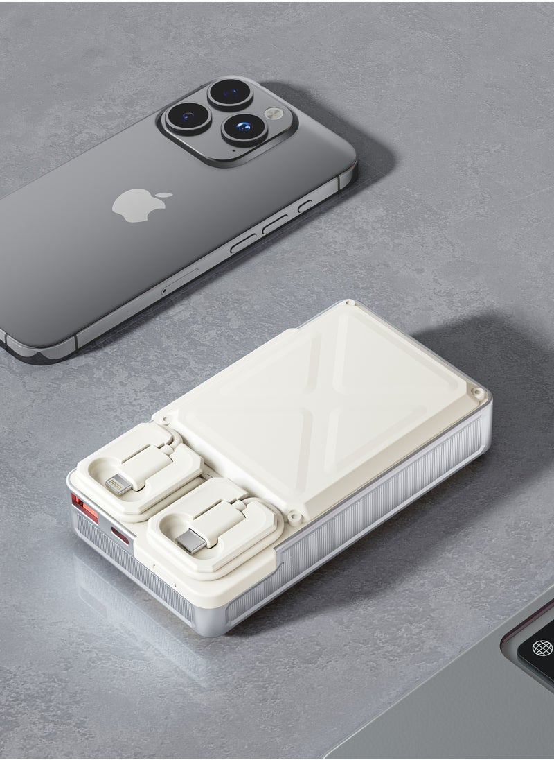 porodo - 20000mAh Power Bank Built-In Type-C & Lightning Cable Power Delivery 22.5W / USB A and Type-C Port with Digital Display - White - Image 1