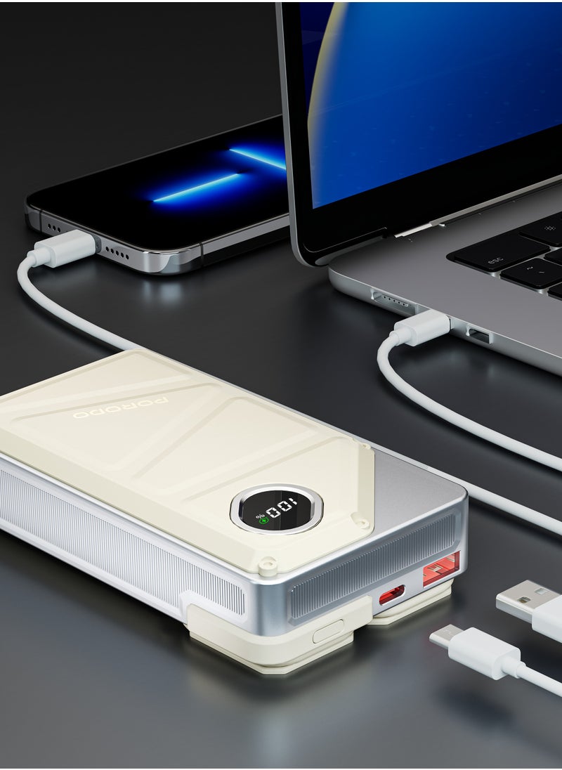 porodo - 20000mAh Power Bank Built-In Type-C & Lightning Cable Power Delivery 22.5W / USB A and Type-C Port with Digital Display - White - Image 1