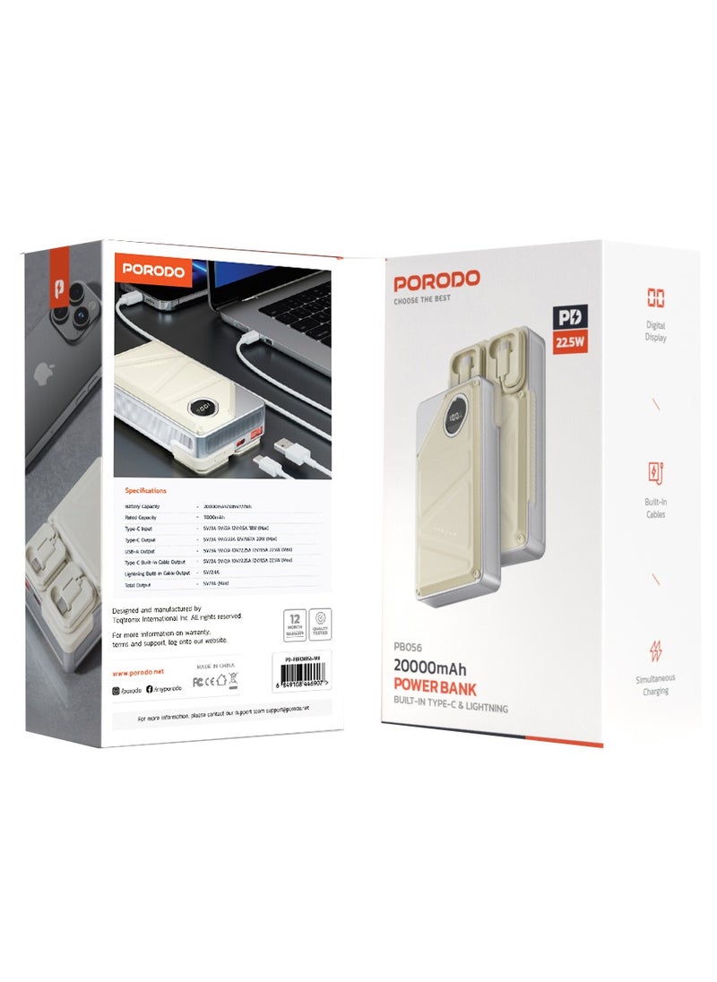 porodo - 20000mAh Power Bank Built-In Type-C & Lightning Cable Power Delivery 22.5W / USB A and Type-C Port with Digital Display - White - Image 1
