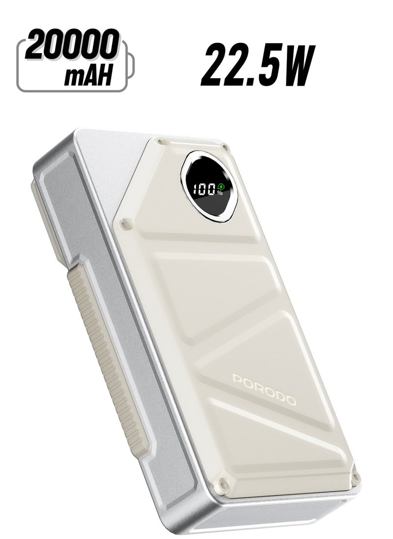porodo - 20000mAh Power Bank Built-In Type-C & Lightning Cable Power Delivery 22.5W / USB A and Type-C Port with Digital Display - White - Image 1