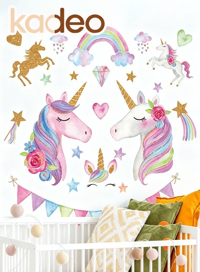 kadeo Large Unicorn Wall Stickers for Girls Room Decor, Rainbow Unicorn Wall Decals for Kids Bedroom, Nursery Wall Decor, Princess Baby Room Decoration, Peel and Stick Waterproof Removable Wall Sticker - Image 1