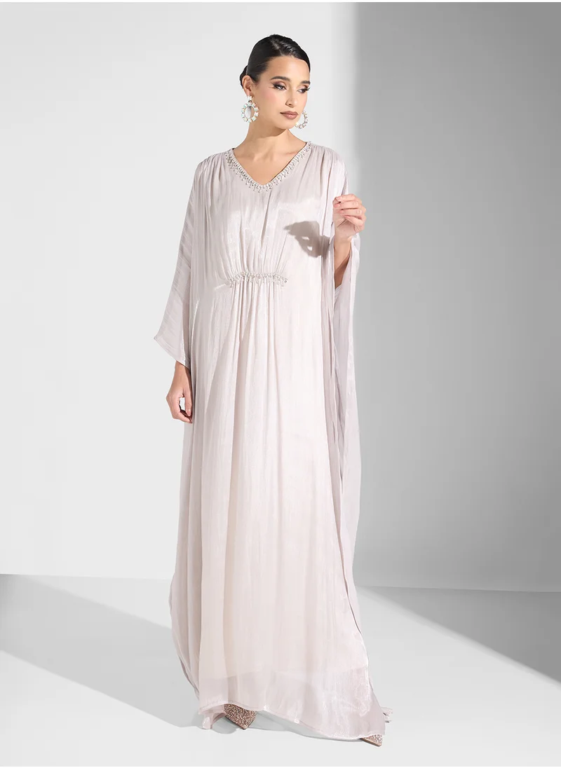hayas closet V-Neck Belted Cape Sleeve Dress