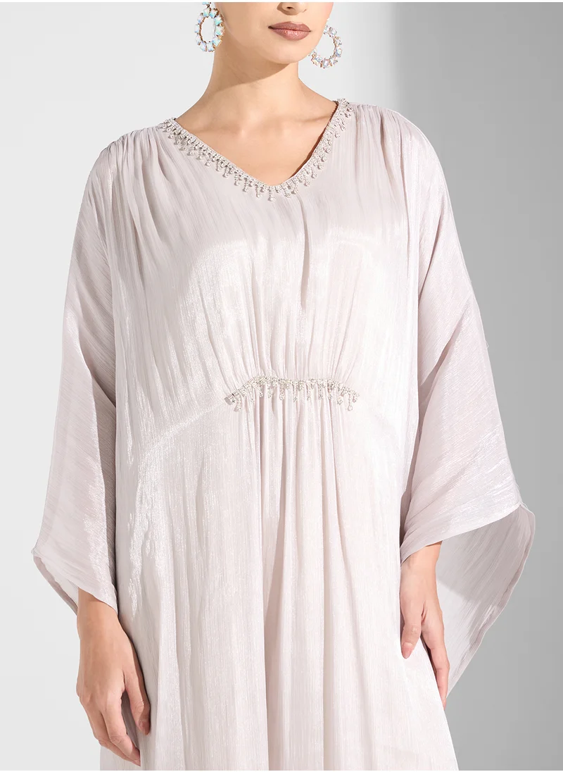 hayas closet V-Neck Belted Cape Sleeve Dress